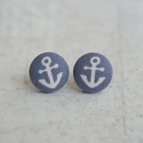 Tiny Anchor Fabric Button Earrings