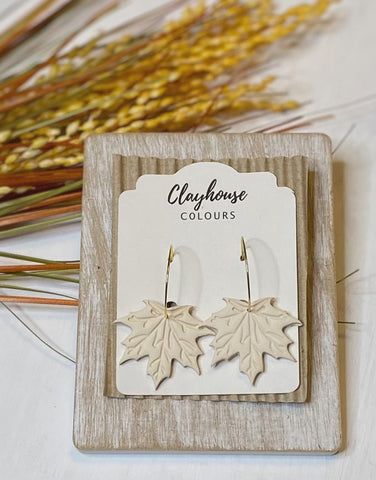 Cream Leaf Hoops Earrings