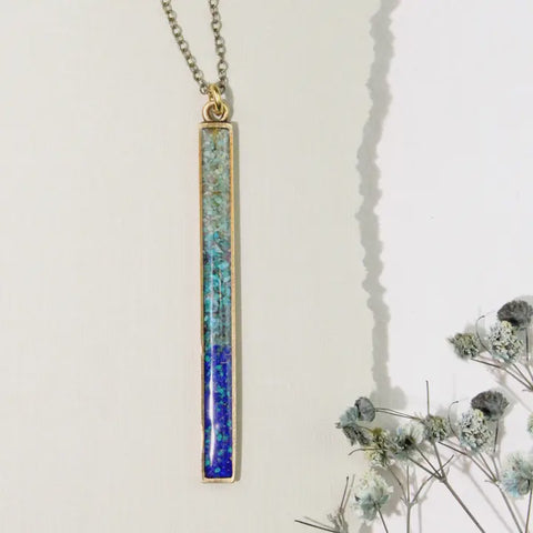 The Long Colorblock Vertical Gemstone Bar Pendant Necklace 18" gold plated, Chrysocolla/Turquoise/Larimar