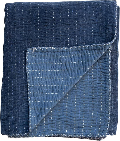 60"L x 50"W Cotton Velvet Throw w/ Kantha Stitch & Blanket Stitch Edge,