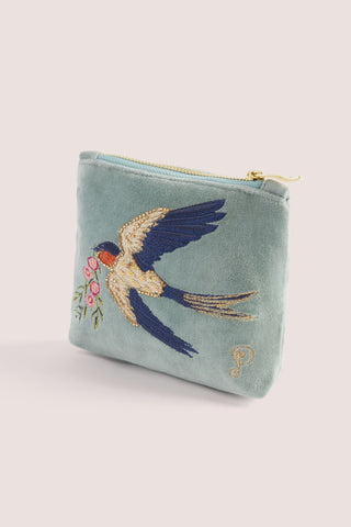 Velvet Embroidered Mini Pouch - Swooping Swallows