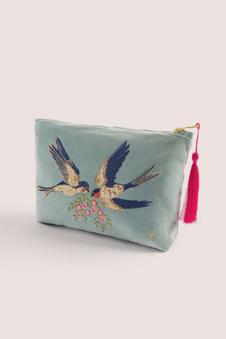 Swooping Swallows Velvet Embroidered Big Pouch