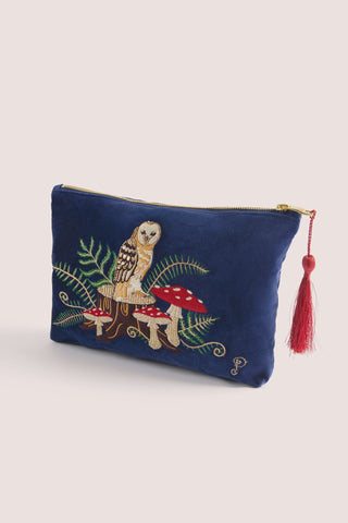 Woodland Owl Velvet Embroidered Big Pouch
