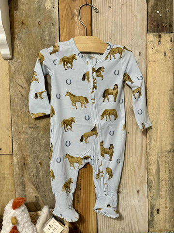 Horses Blue Zipper Footie