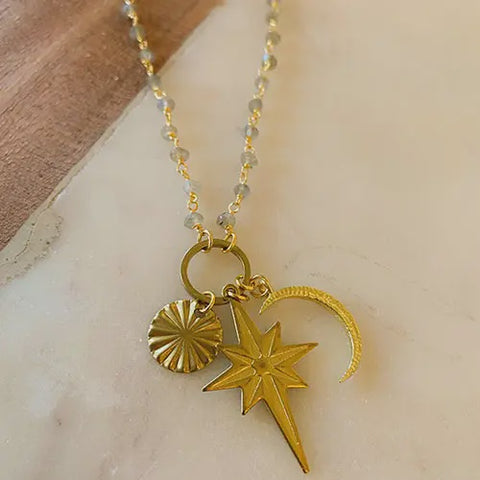Cosmos Charm Necklace with Gemstone Chain Moonstone