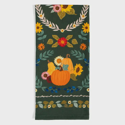 Pumpkin Folk Floral Fall Tea Towel