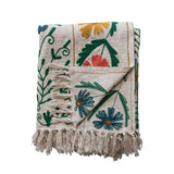 Cotton Slub Embroidered Throw Suzani Pattern and Tassels