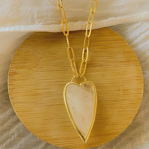 Corazana Big Gem Heart Necklace Paperclip Chain Clear Quartz