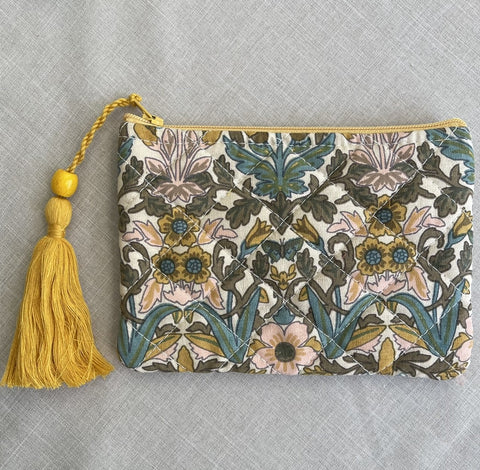 Floral Yellow Pattern Quilted Zip Pouch With Tassel 6L"x4"H