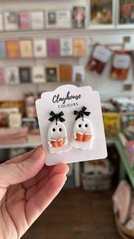 Ghost With Bow Holding Orange Pumpkin Earrings