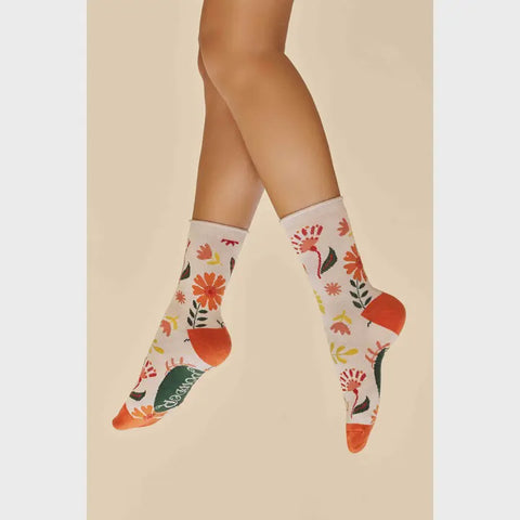 Watercolor Flowers Ankle Socks Cream