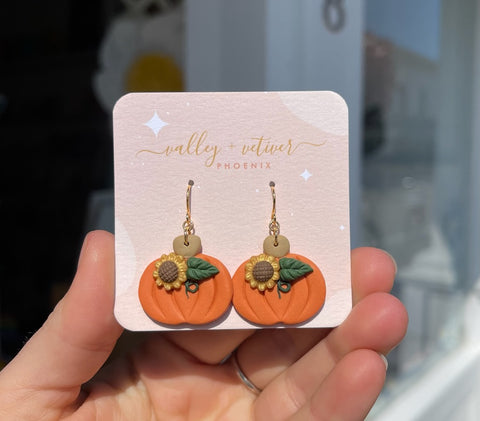 Fall Sunflower Pumpkin Clay Earrings