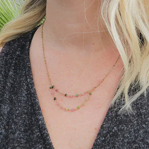 Ella Double Gemstone Rosary Chain Necklace - Watermelon Tourmaline