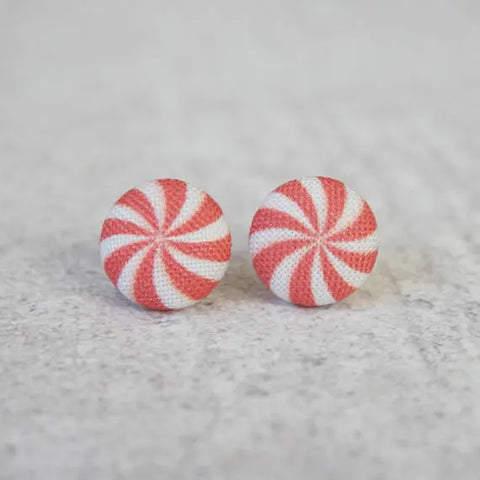 Peppermint Print Fabric Button Earrings