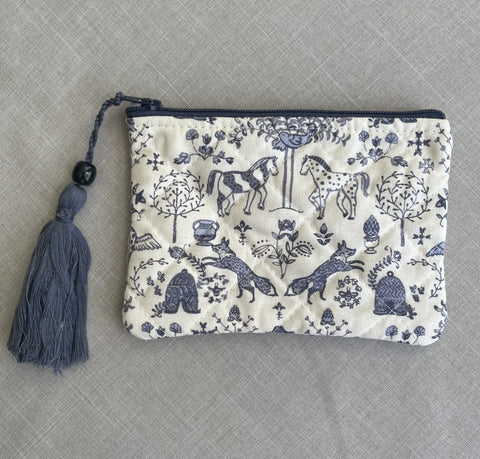 Blue and White Pattern Quilted Zip Pouch With Tassel 6"Lx4H"