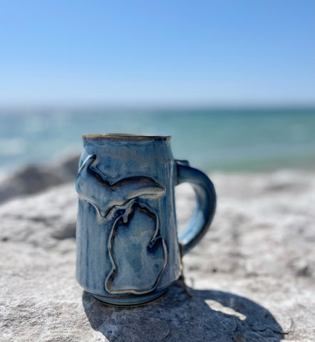 Tall Michigan Ceramic Mug Acid Washed Blue Color