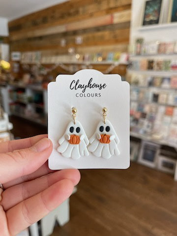 Floral Fall Clay Earrings Ghost & Pumpkins