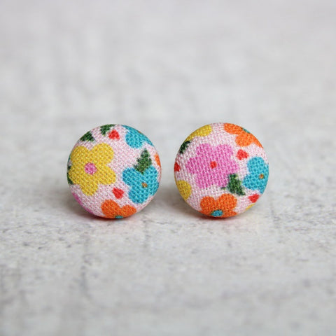 Multicolor Flowers Fabric Button Earrings