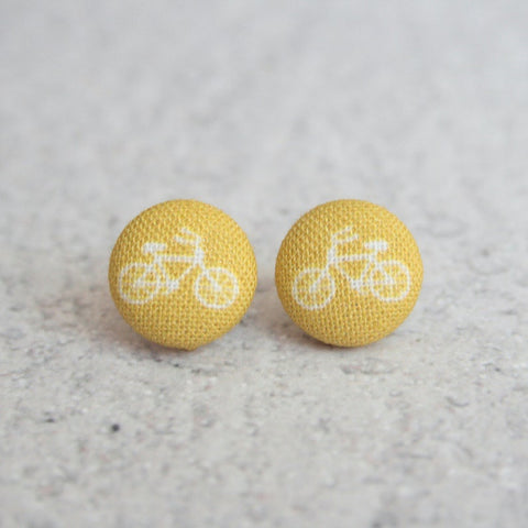 Mustard Bike Fabric Button Earrings
